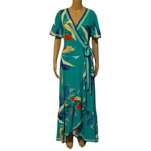 Green Multicolor Ruffle Wrap Dress Size Large